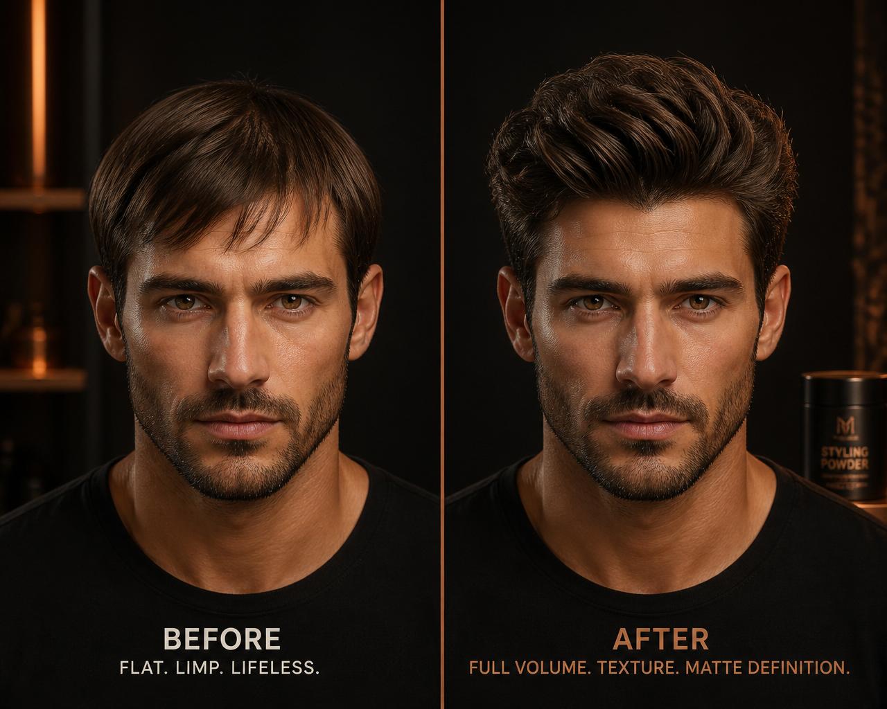 Before and after: flat lifeless hair transformed into full volume and texture with Barber Jay Boost Powder